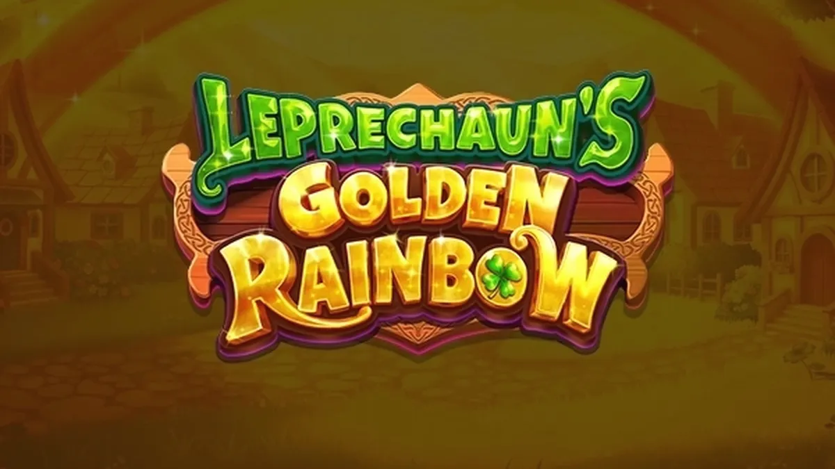 Isang masiglang leprechaun na nakatayo sa dulo ng isang kumikinang na bahaghari, na may mga kaldero ng ginto at mga simbolo ng slot sa paligid, na sumisimbolo sa Leprechaun's Golden Rainbow slot game.
